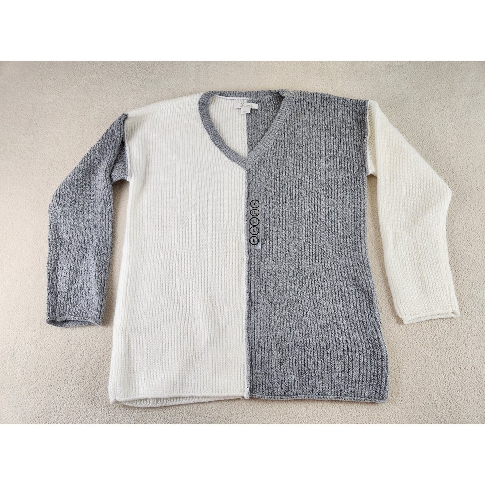 NEW Women's Natural Reflections Two-Tone V-Neck Sweater Size Large Gray/Cream
